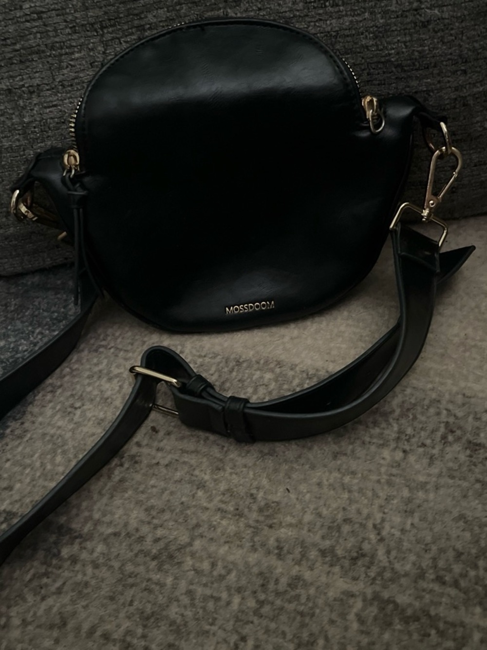 Black Round Crossbody Bag with Gold Hardware